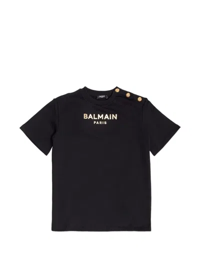 Balmain Kids' Gold-button Logo T-shirt In Black