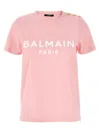 Balmain Short Sleeve Button Embellished T Shirt In Pink
