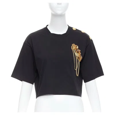 Pre-owned Balmain Gold Buttons Chain Embellished Brooch Black Cotton Crop Tshirt Xs