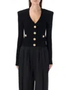 Balmain Black Ribbed Cardigan With Shoulder Pads And Logoed Metal Buttons