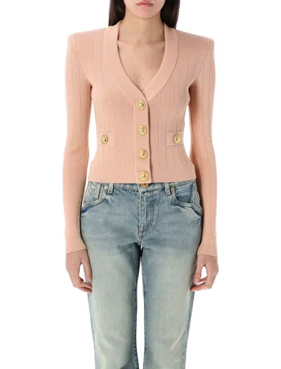 Balmain Gold Buttons Knit Cardigan In Beige