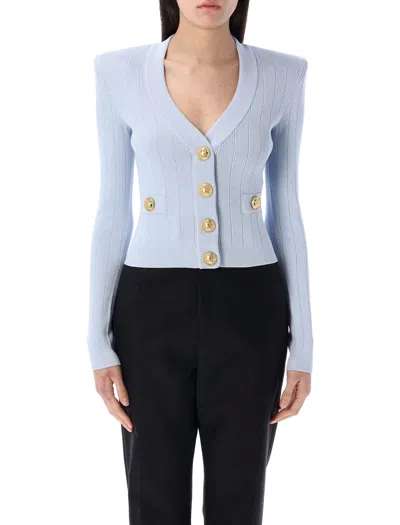 Balmain Gold Buttons Knit Cardigan In Blue