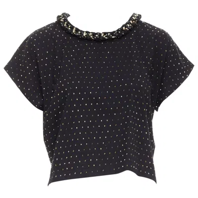 Pre-owned Balmain Gold Crystal Rhinestone Chain Embellished Black Crop Tshirt Xs
