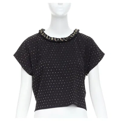 Pre-owned Balmain Gold Crystal Rhinestone Chain Embellished Black Crop Tshirt Xs