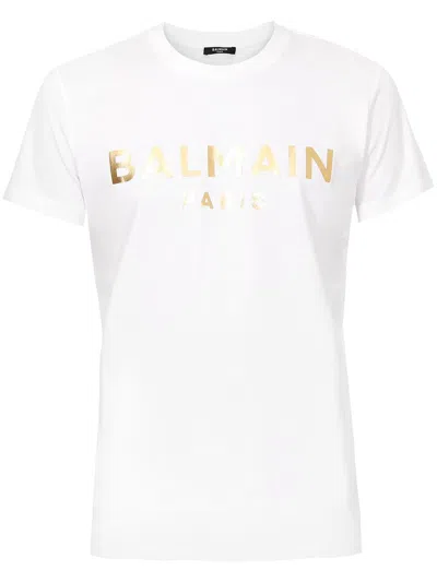 Balmain Gold Foil Logo Short Sleeve T-shirt In White