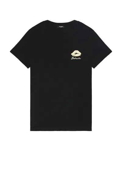 Balmain Gold Kiss Print Logo T-shirt In Black/gold