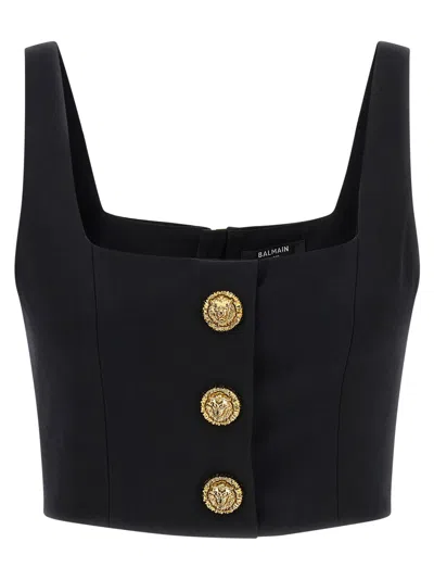 Balmain Gold Lion Button Tank Top In Black