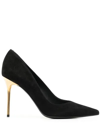 Balmain Gold-tone Leather Pointed Pumps In Noir For Women