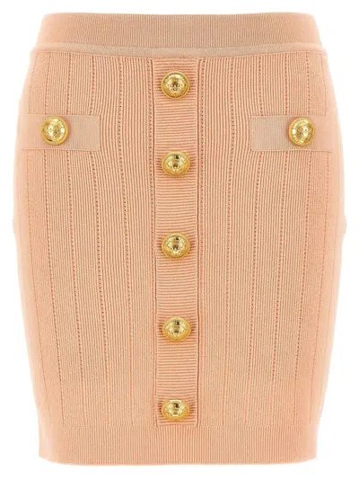 Balmain Gold-button Ribbed Knit Skirt In Pink