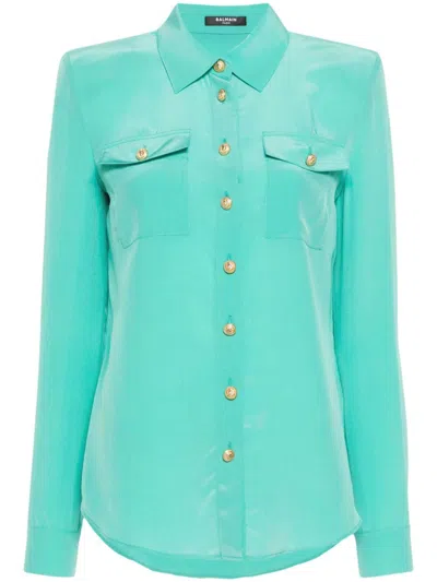 Balmain Golden-buttons Crepe Shirt In Green