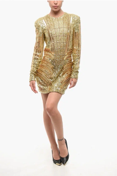 Balmain Golden Effect Mini Dress With Sequins And Beads In Yellow