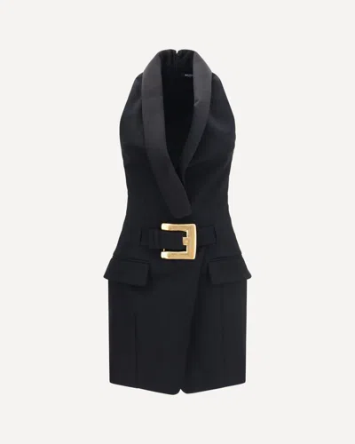 Balmain Grain De Poudre Belted Dress In Black