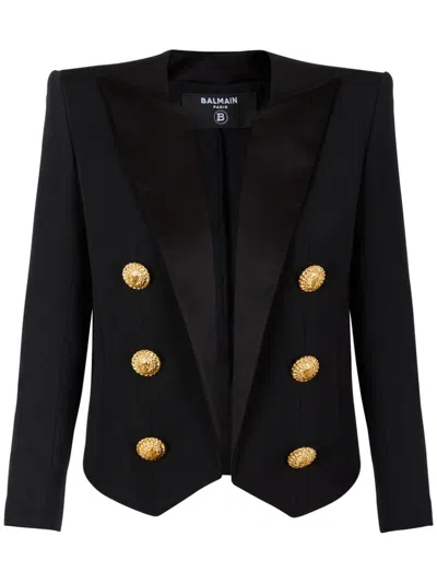 Balmain Embellished Satin-trimmed Grain De Poudre Wool Jacket In Black