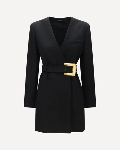 Balmain Belted Strong-shoulder Long-sleeve Mini Dress In Black
