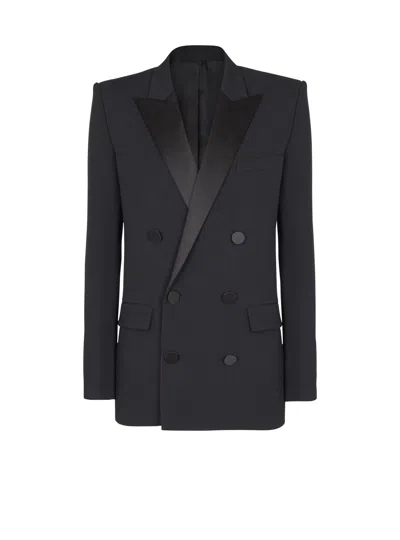 Balmain Grain De Poudre Blazer With Satin Lapels In Black