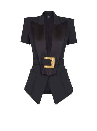 Balmain Grain De Poudre Jacket With Belt Detail In Black