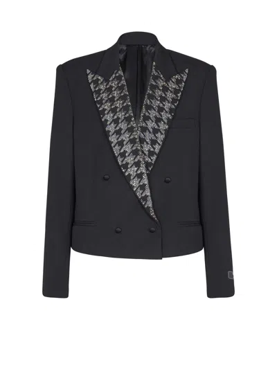 Balmain Grain De Poudre Jacket With Crystals In Black