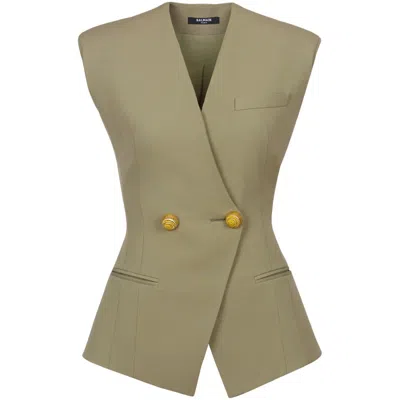 Balmain Double-breasted Grain De Poudre Waistcoat In Green