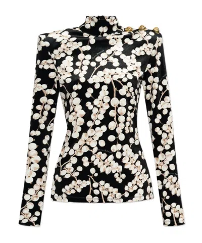 Balmain Grape-print Velvet Top In Black