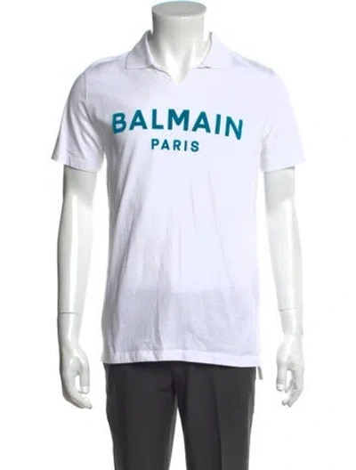 Pre-owned Balmain Graphic Print Collar Polo Shirt In White
