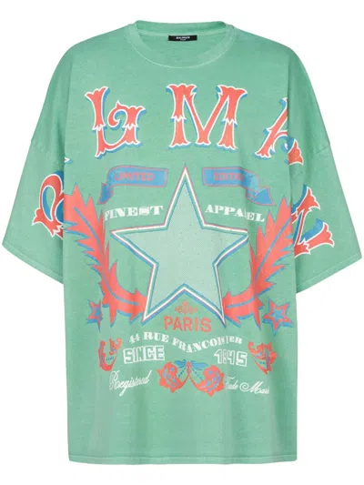 Balmain Oversized Cotton T-shirt With  Logo Print In Green Multicolor