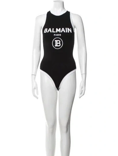 Pre-owned Balmain Graphic Print Crew Neck Bodysuit In Black