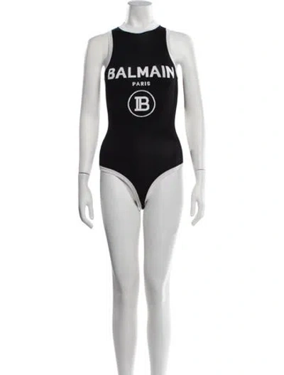 Pre-owned Balmain Graphic Print Crew Neck Bodysuit In Black
