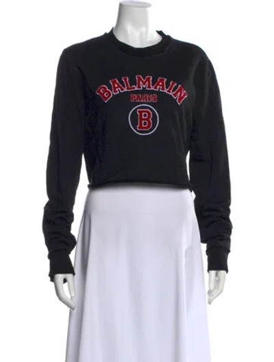 Pre-owned Balmain Graphic Print Crew Neck Crop Top In Black