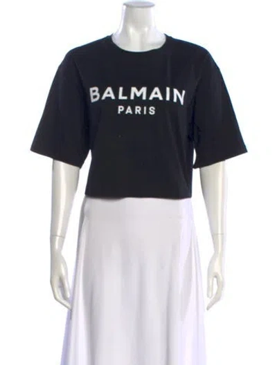Pre-owned Balmain Graphic Print Crew Neck Crop Top In Black