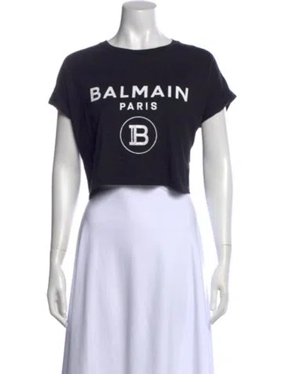 Pre-owned Balmain Graphic Print Crew Neck Crop Top In Black