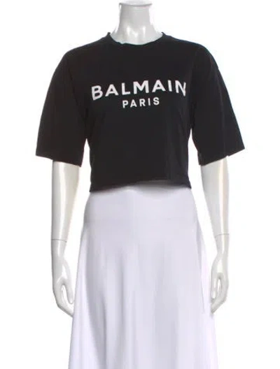 Pre-owned Balmain Graphic Print Crew Neck Crop Top In Black