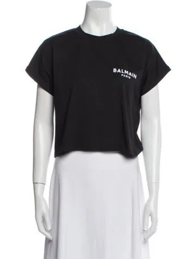 Pre-owned Balmain Graphic Print Crew Neck Crop Top In Black