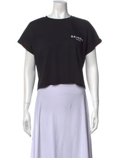 Pre-owned Balmain Graphic Print Crew Neck Crop Top In Black