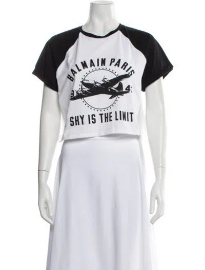 Pre-owned Balmain Graphic Print Crew Neck Crop Top In Black