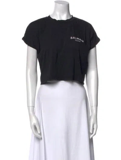 Pre-owned Balmain Graphic Print Crew Neck Crop Top In Black