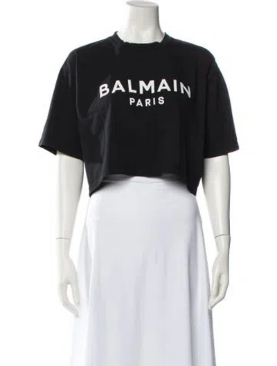 Pre-owned Balmain Graphic Print Crew Neck Crop Top In Black
