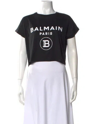 Pre-owned Balmain Graphic Print Crew Neck Crop Top In Black