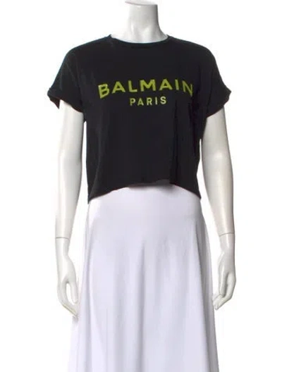 Pre-owned Balmain Graphic Print Crew Neck Crop Top In Black