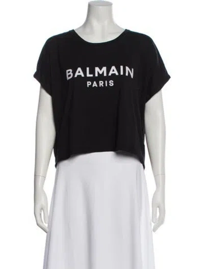 Pre-owned Balmain Graphic Print Crew Neck Crop Top In Black