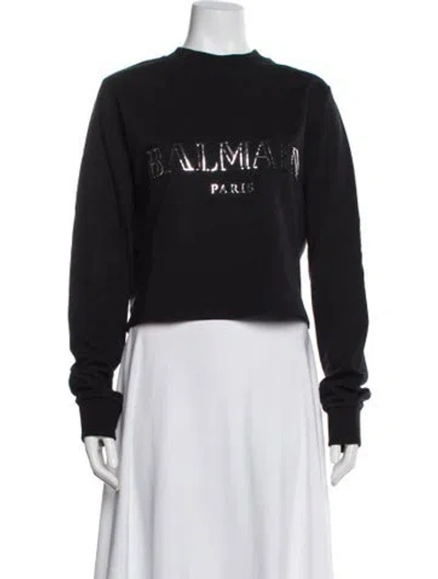 Pre-owned Balmain Graphic Print Crew Neck Crop Top In Black