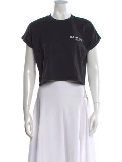 Pre-owned Balmain Graphic Print Crew Neck Crop Top In Black