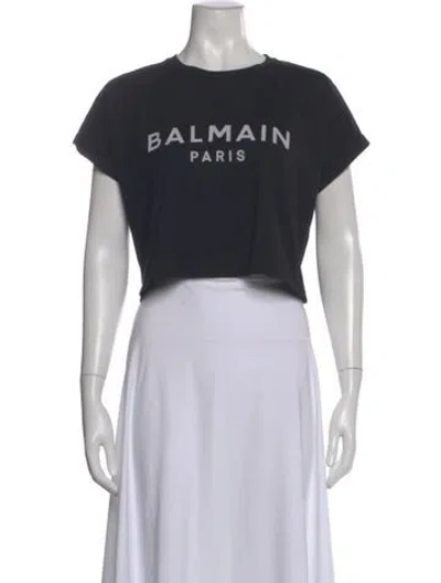 Pre-owned Balmain Graphic Print Crew Neck Crop Top In Black