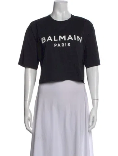 Pre-owned Balmain Graphic Print Crew Neck Crop Top In Black
