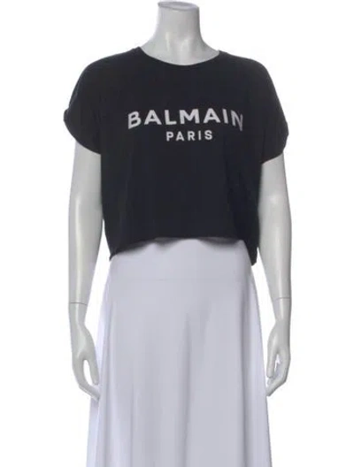 Pre-owned Balmain Graphic Print Crew Neck Crop Top In Black