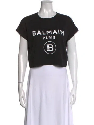 Pre-owned Balmain Graphic Print Crew Neck Crop Top In Black