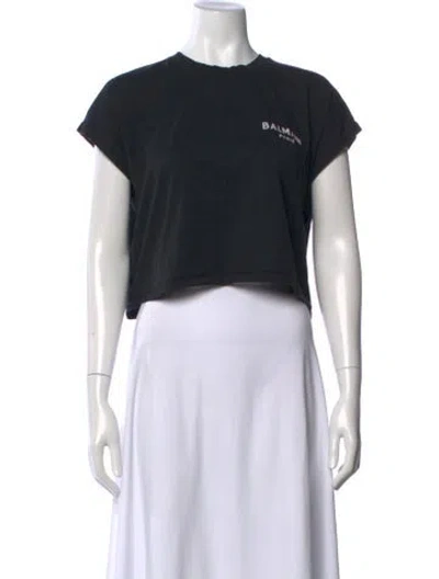 Pre-owned Balmain Graphic Print Crew Neck Crop Top In Black