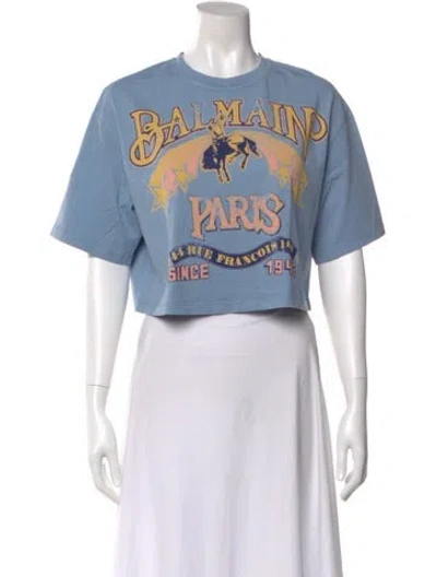 Pre-owned Balmain Graphic Print Crew Neck Crop Top In Blue