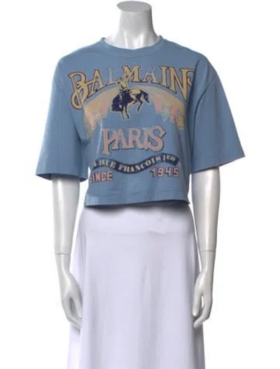 Pre-owned Balmain Graphic Print Crew Neck Crop Top In Blue