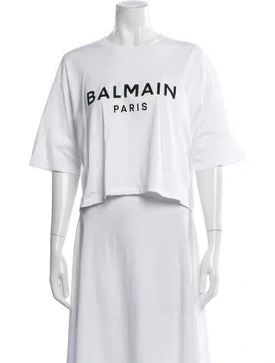 Pre-owned Balmain Graphic Print Crew Neck Crop Top In Blue