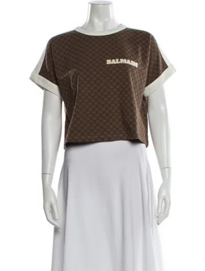 Pre-owned Balmain Graphic Print Crew Neck Crop Top In Brown